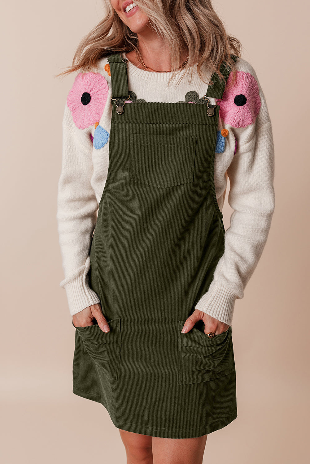 Alexis Front Pockets Corduroy Overall Dress. - Threaded Pear