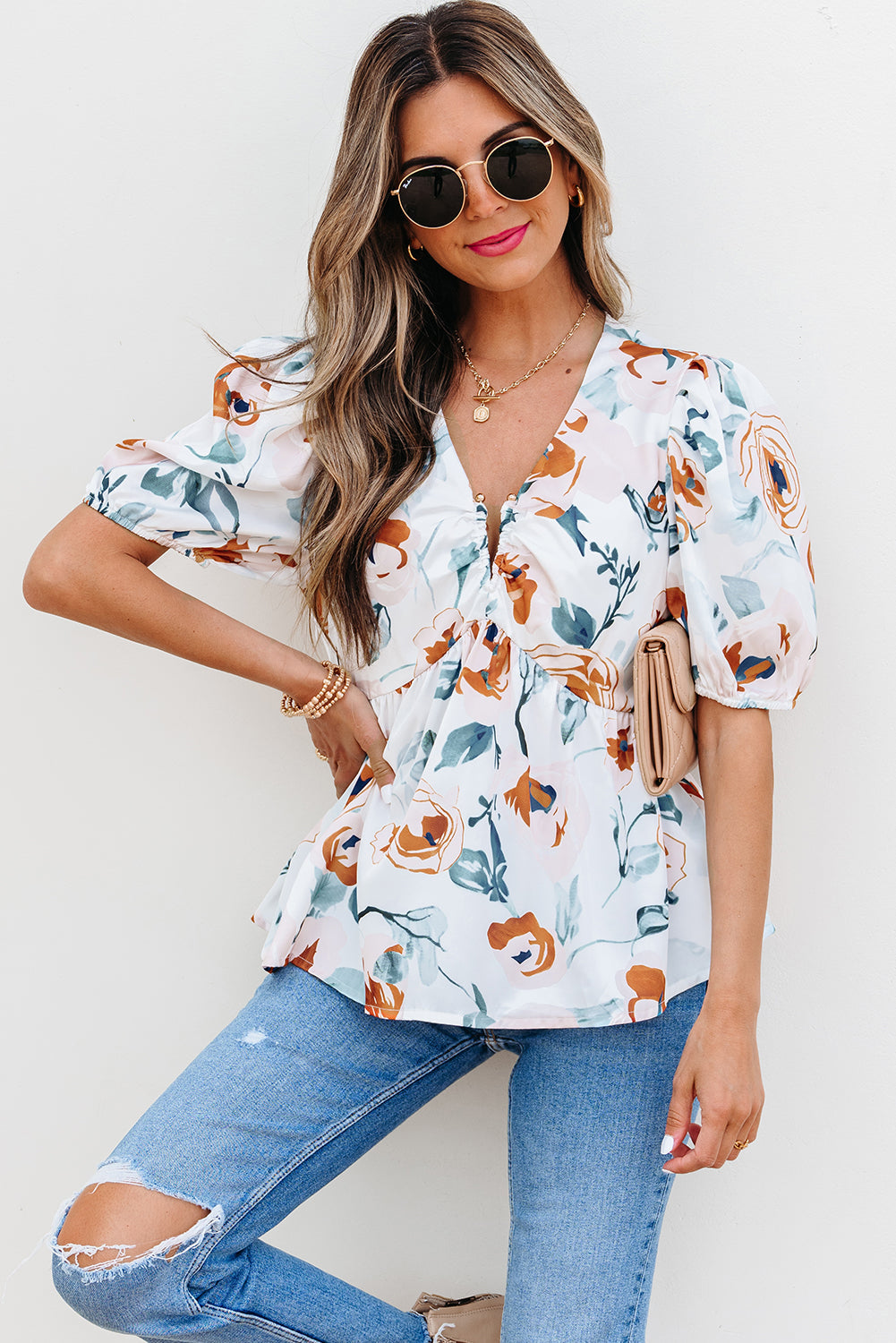 Threaded Pear Salome Floral Puff Sleeve V Neck Babydoll Blouse