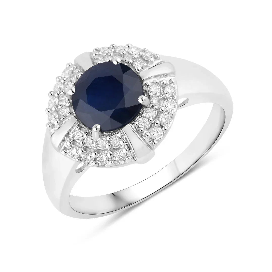 1.48 Ct Round Blue Sapphire Diamond Prong 10k Gold Halo Statement Ring