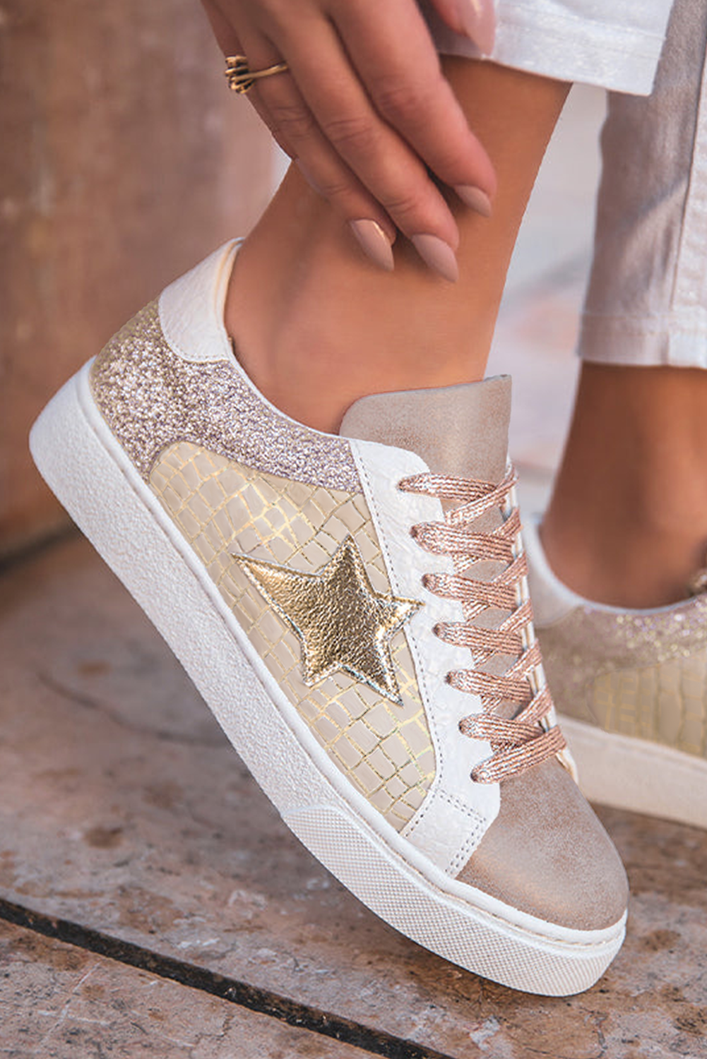 Threaded Pear Clare Gold Glitter Star Lace-up Sneakers