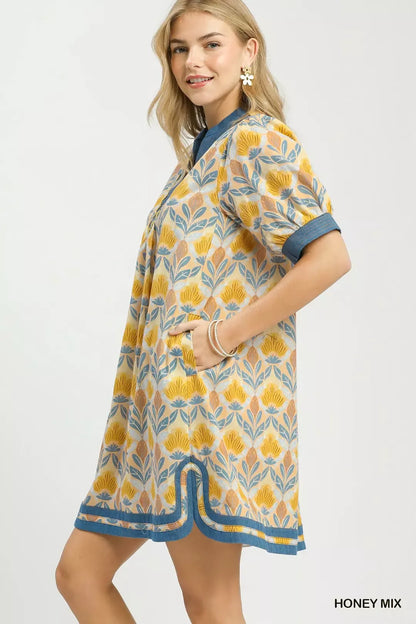 Umgee Mix Tile Print Mini Dress in Honey Mix