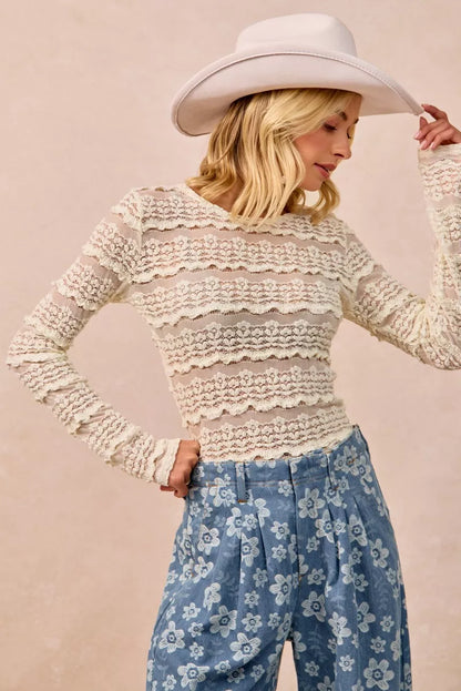 BiBi Ruffles Detail Flower Lace Top in Cream