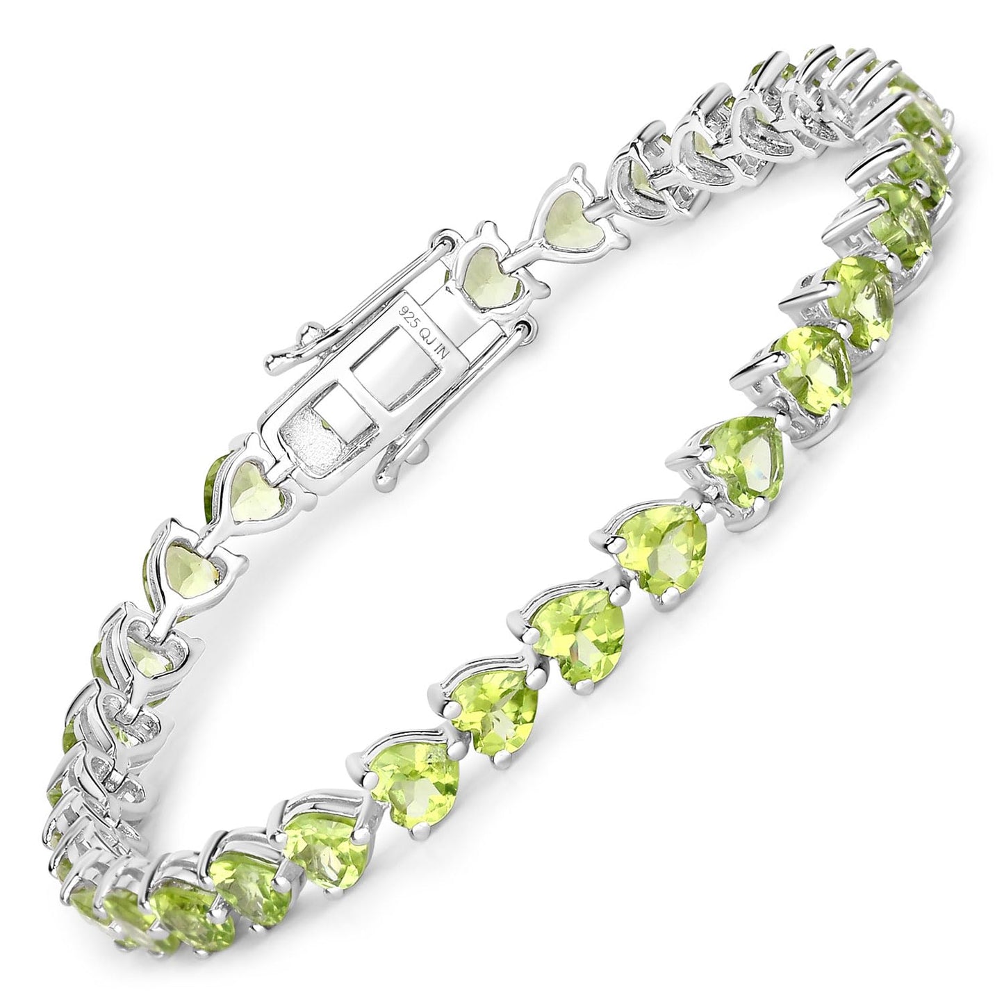 13.64 Ct Heart Green Peridot Prong Sterling Silver Box Clasp Tennis Bracelet