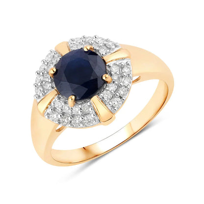 1.48 Ct Round Blue Sapphire Diamond Prong 10k Gold Halo Statement Ring