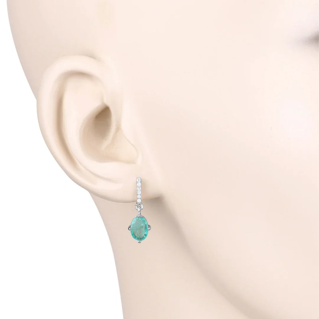 1.44 Ct Oval Green Zambian Emerald Diamond Prong 10K Gold Dangle Earrings