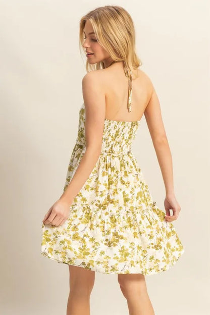 HYFVE Floral Print Halter Neck Tiered Mini Dress