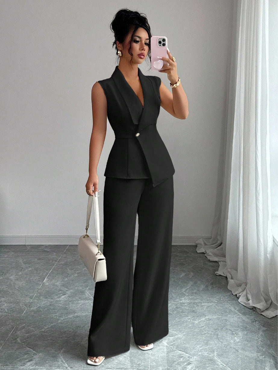 Women's Peplum Sleeveless Blazer & Wide-Leg Pants Two-Piece Set