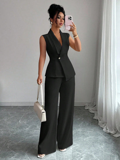 Women's Peplum Sleeveless Blazer & Wide-Leg Pants Two-Piece Set