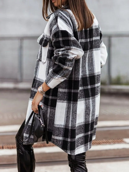 Button Down Collared Neck Plaid Flannel Shacket