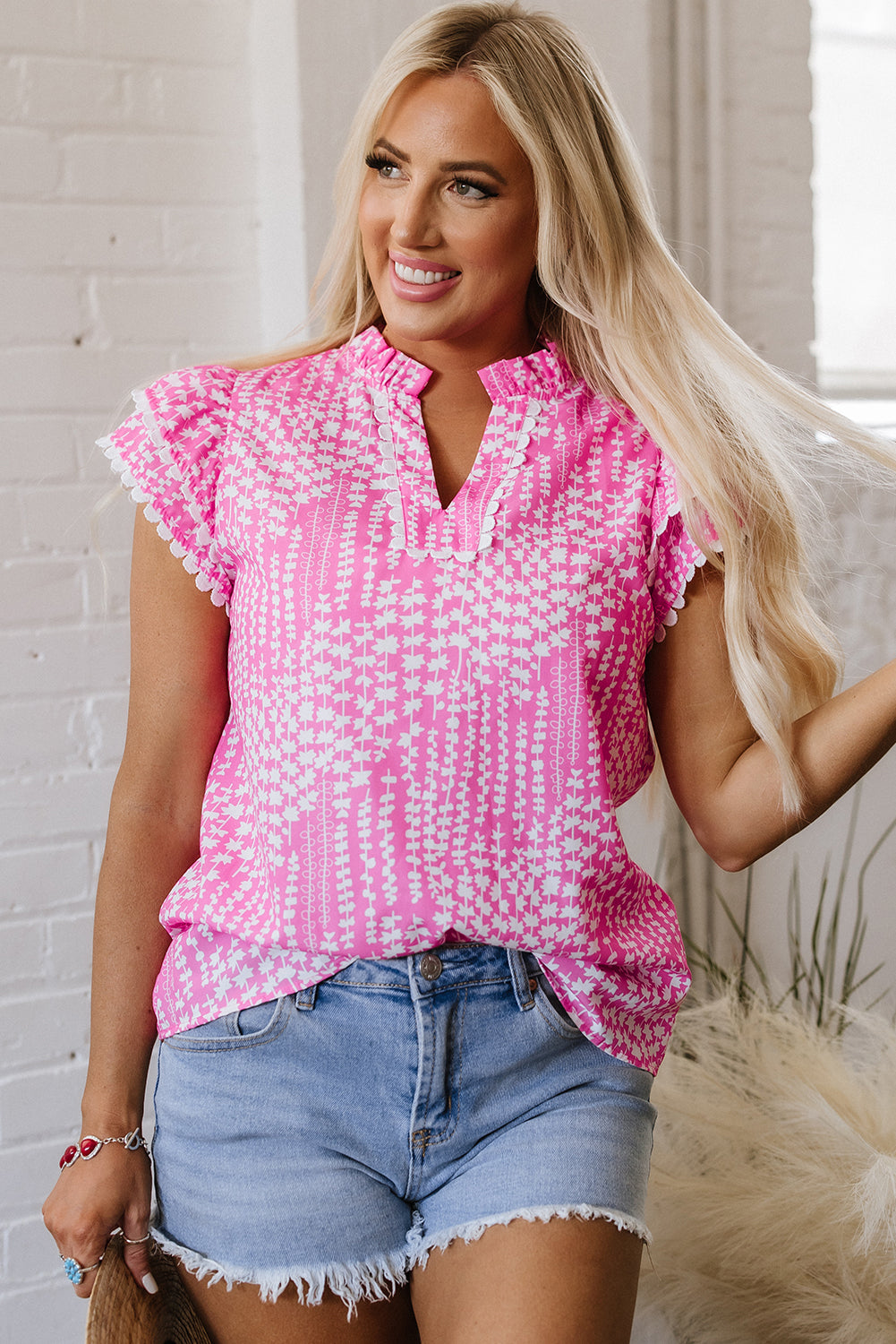 Threaded Pear Cynthia Ric Rac Trim Flutter Sleeve Notch V Neck Blouse