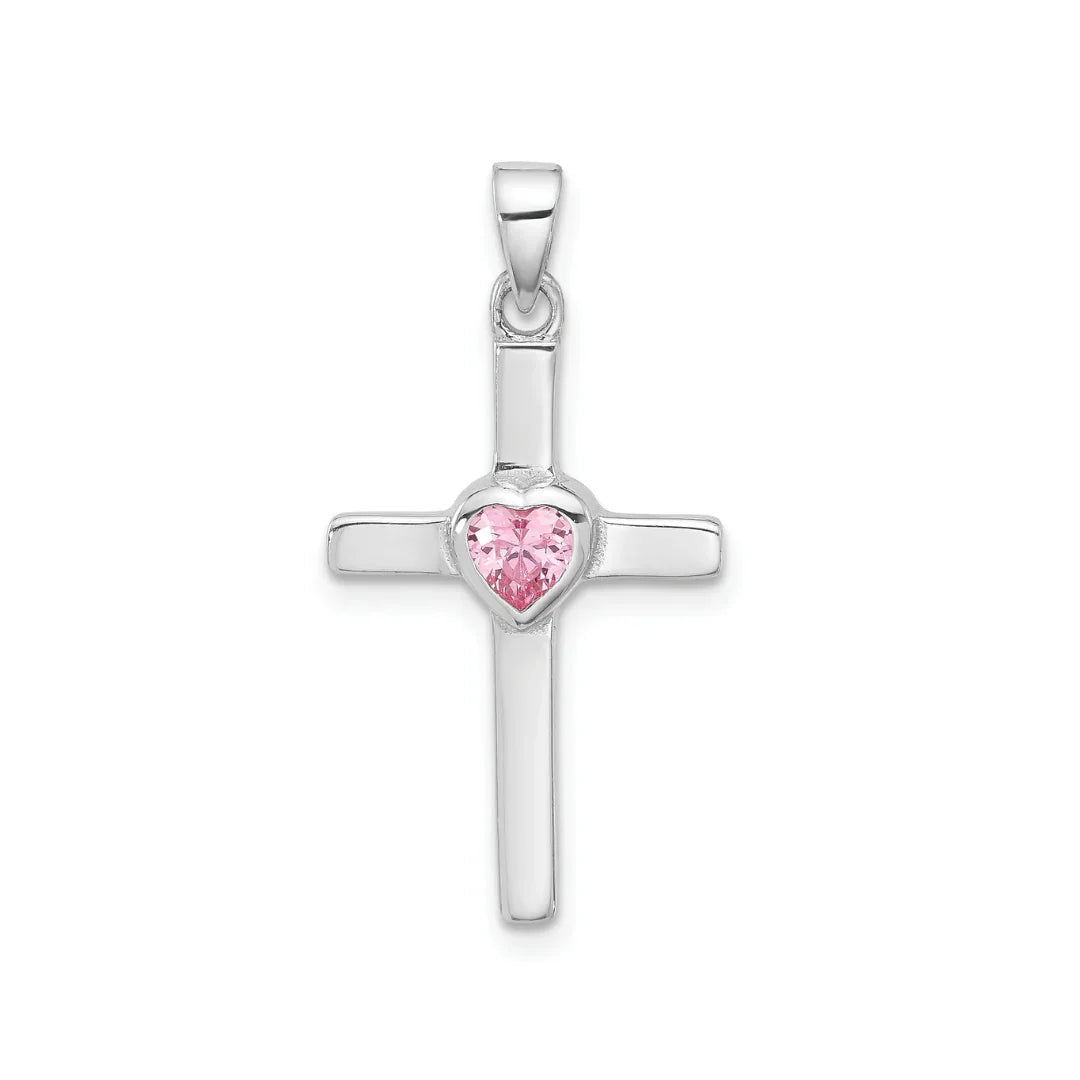 Pink Heart Cubic Zirconia Cross Pendant