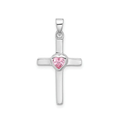 Pink Heart Cubic Zirconia Cross Pendant