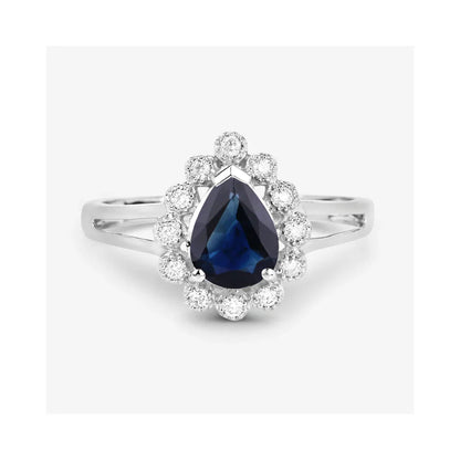 1.34 Ct Pear Blue Sapphire Diamond V-Prong 10k Gold Halo Statement Ring