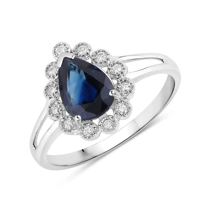 1.34 Ct Pear Blue Sapphire Diamond V-Prong 10k Gold Halo Statement Ring