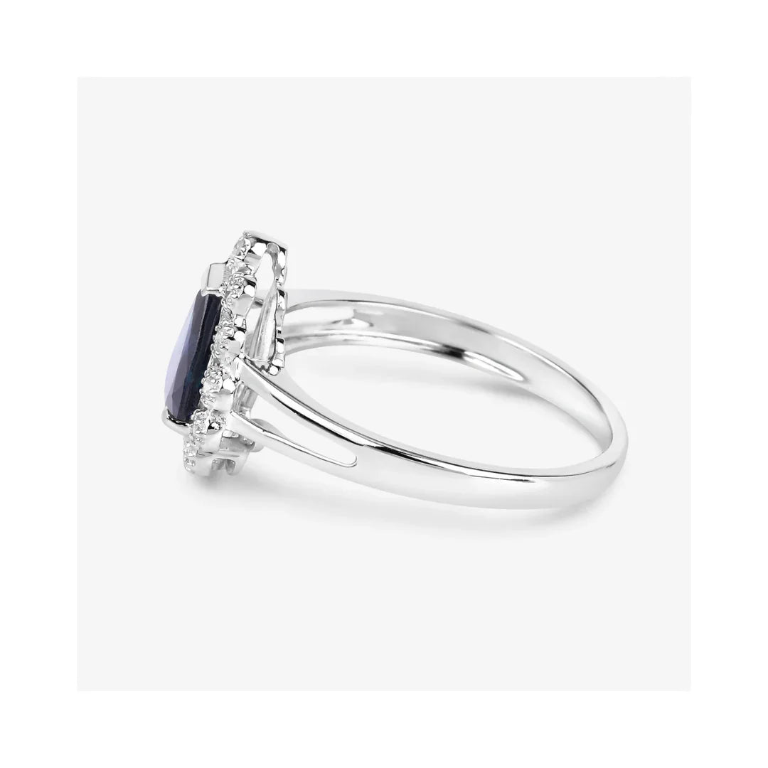 1.34 Ct Pear Blue Sapphire Diamond V-Prong 10k Gold Halo Statement Ring