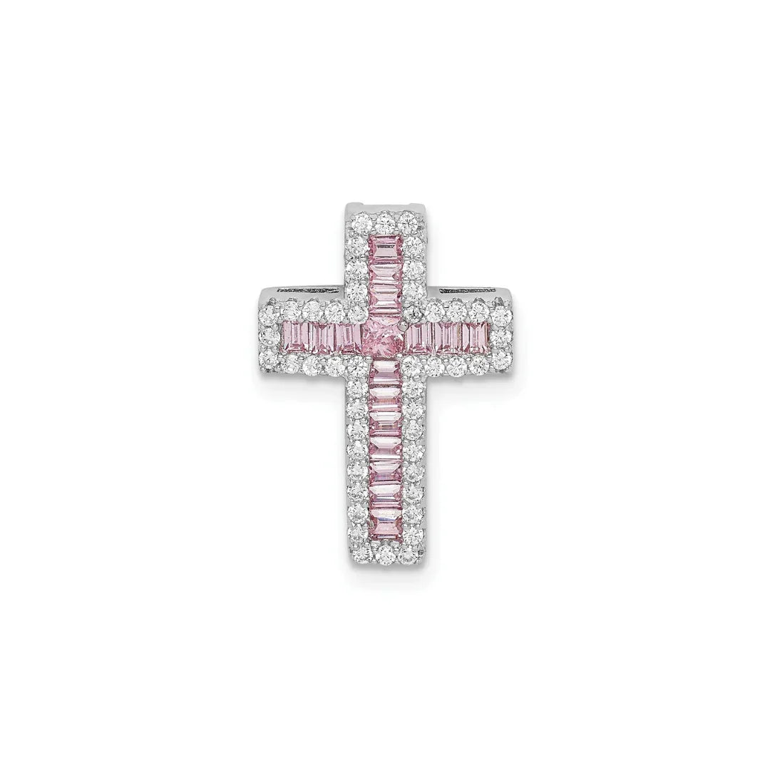 Pink and White CZ Cross Chain Slide Cross Pendant