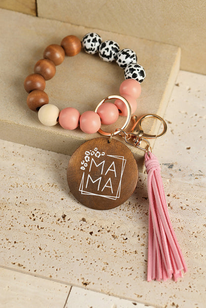 Threaded Pear MAMA Wood Pendant Leopard Fringe Keychain
