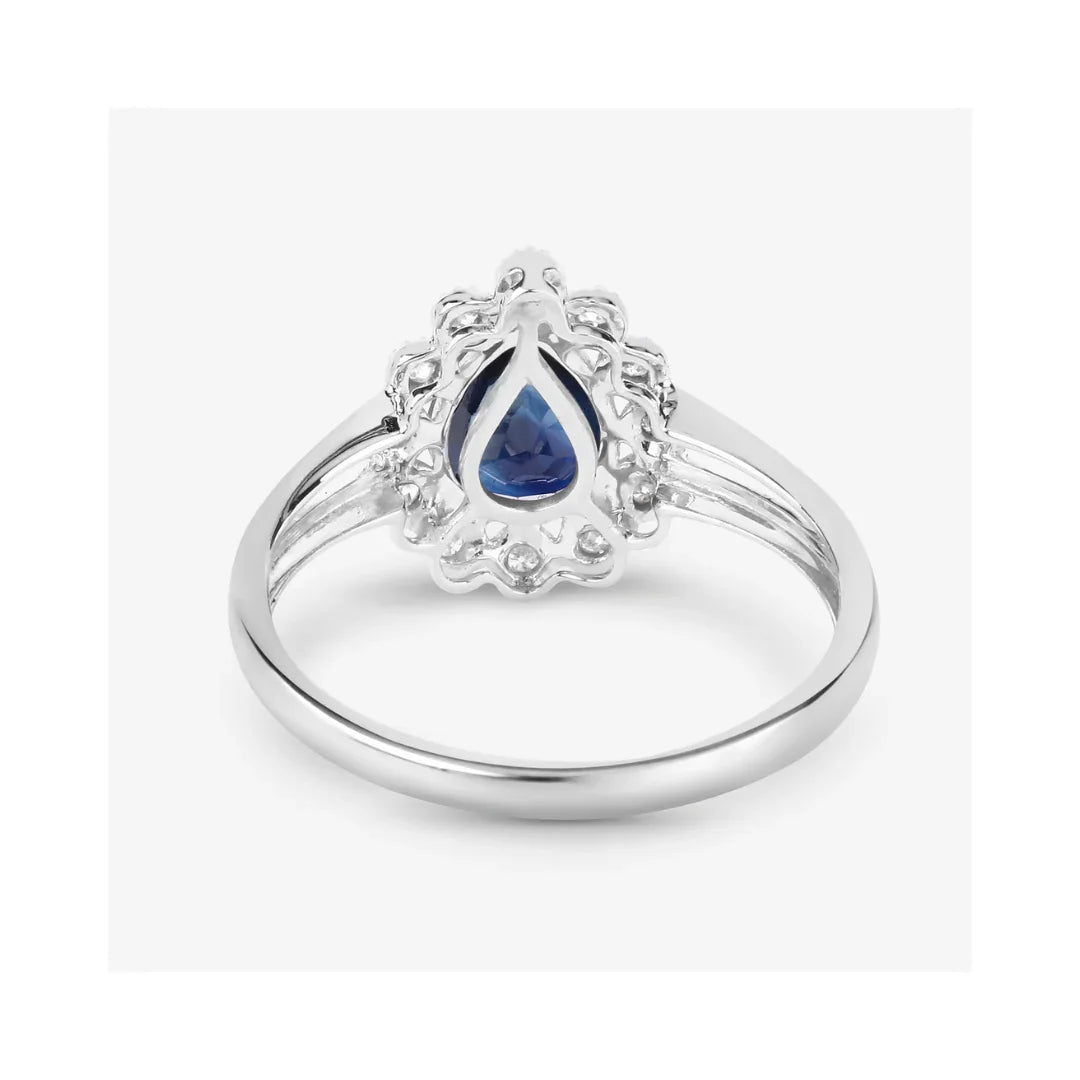 1.34 Ct Pear Blue Sapphire Diamond V-Prong 10k Gold Halo Statement Ring