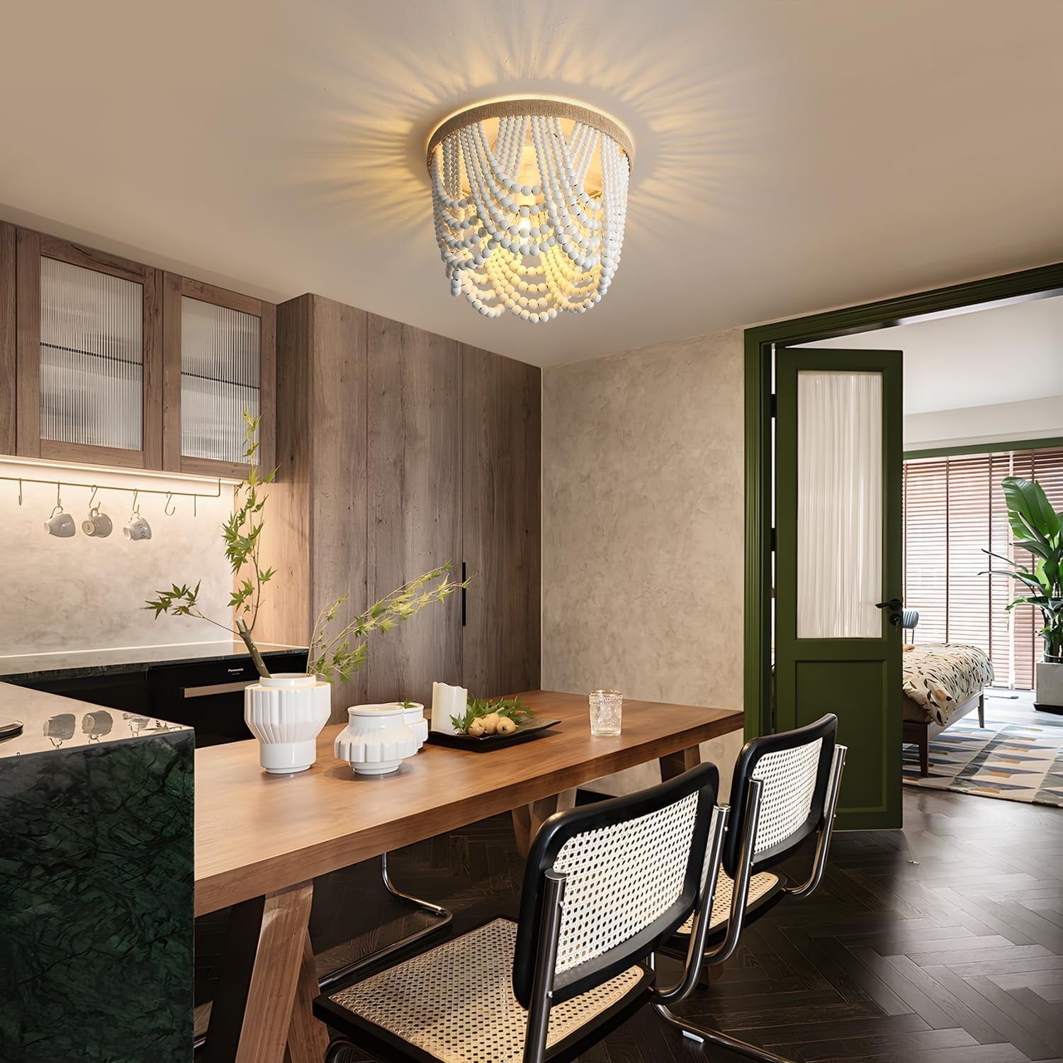 Bohemian Lighting Bohemian Chandelier Handmade Beaded Chandelier Bohemian Lighting Ceiling Beaded Lighting 3 Light Wood Bead Chandelier Nursery Lighting Bedroom Chandelier (White)