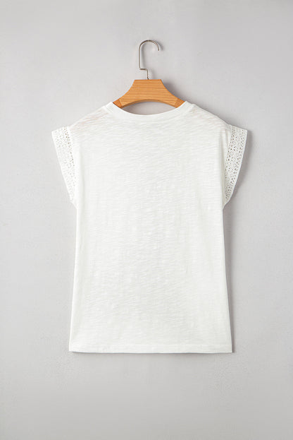 Threaded Pear Ivy Lace Patchwork Cap Sleeve Round Neck Top