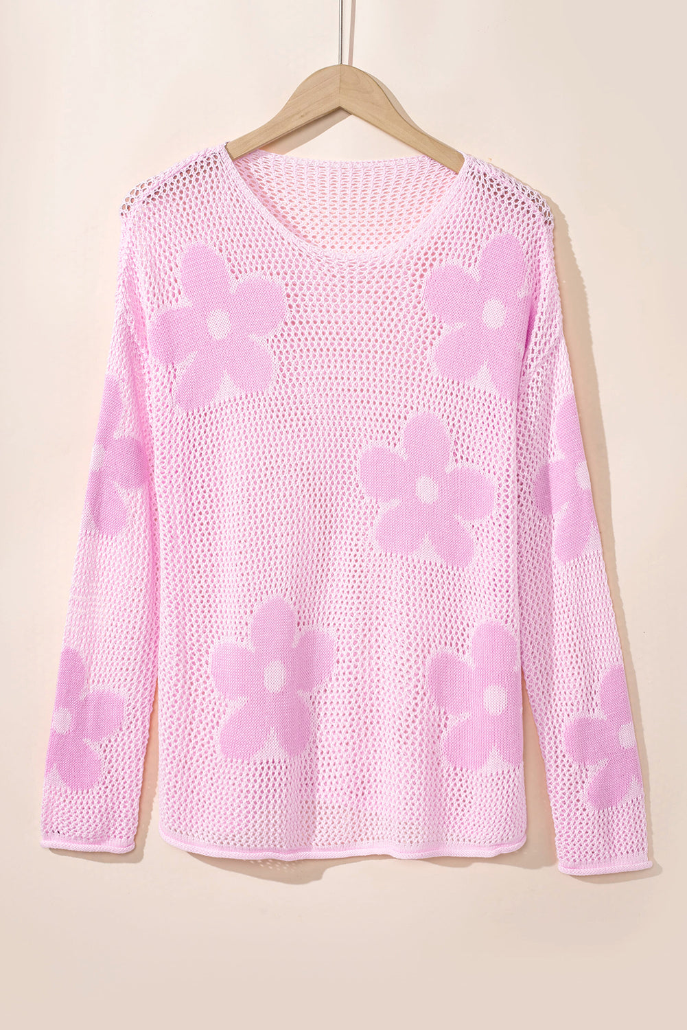 Threaded Pear Dulce Big Flower Hollowed Knit Drop Shoulder Sweater