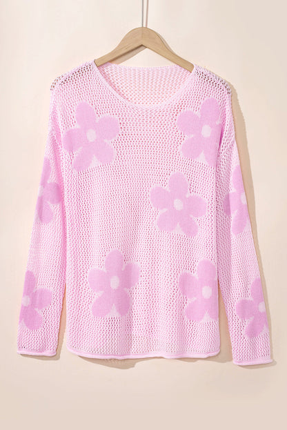 Threaded Pear Dulce Big Flower Hollowed Knit Drop Shoulder Sweater