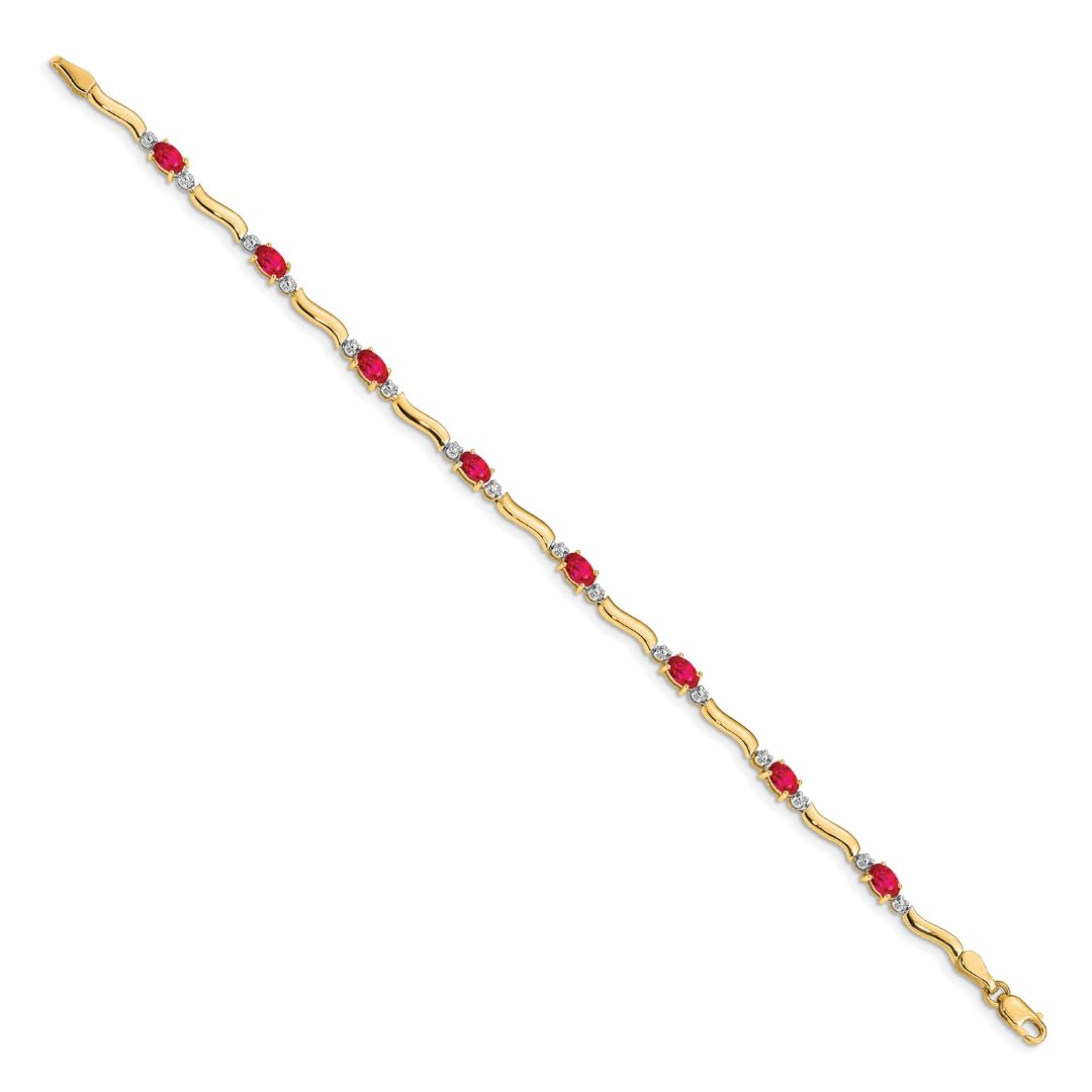 Oval Red Ruby & Diamond Prong 14K Yellow Gold Wave Link Bracelet