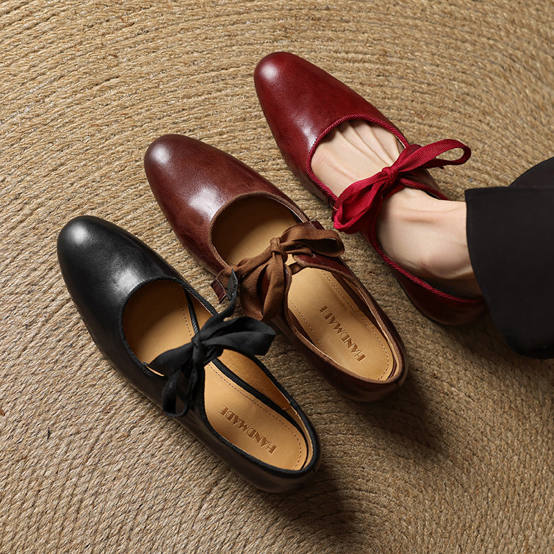 vintage dress shoes Women's French Vintage Genuine Leather Round Toe Chunky Heel Shoes Black / 36