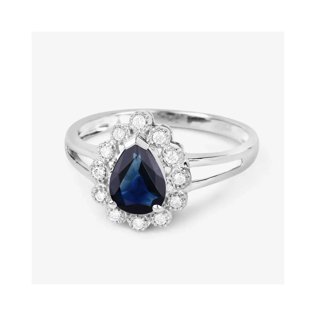 1.34 Ct Pear Blue Sapphire Diamond V-Prong 10k Gold Halo Statement Ring