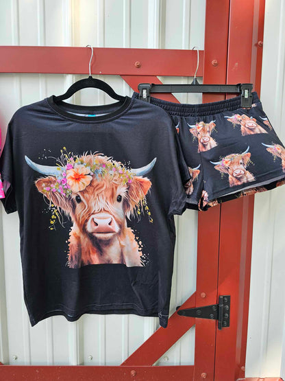 Highland Calf Women's Western Top and Short Pajama Set