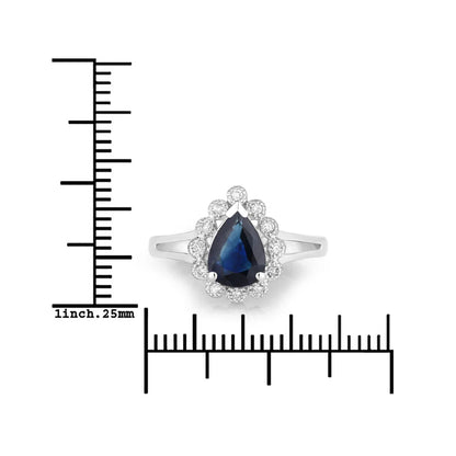 1.34 Ct Pear Blue Sapphire Diamond V-Prong 10k Gold Halo Statement Ring