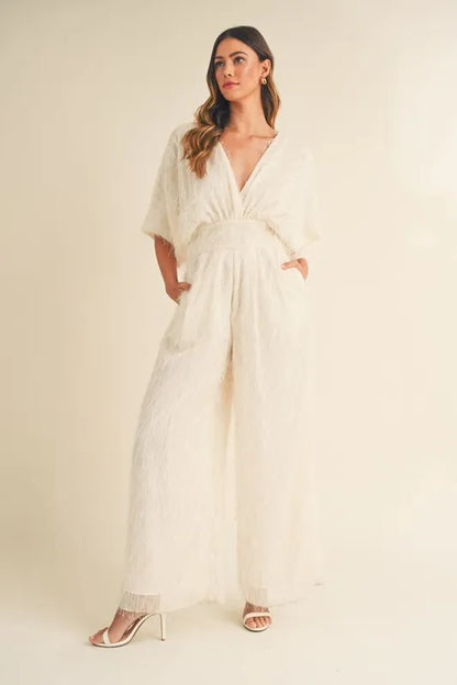 MABLE Fluffy Deep V Neck Wide Leg Jumpsuit