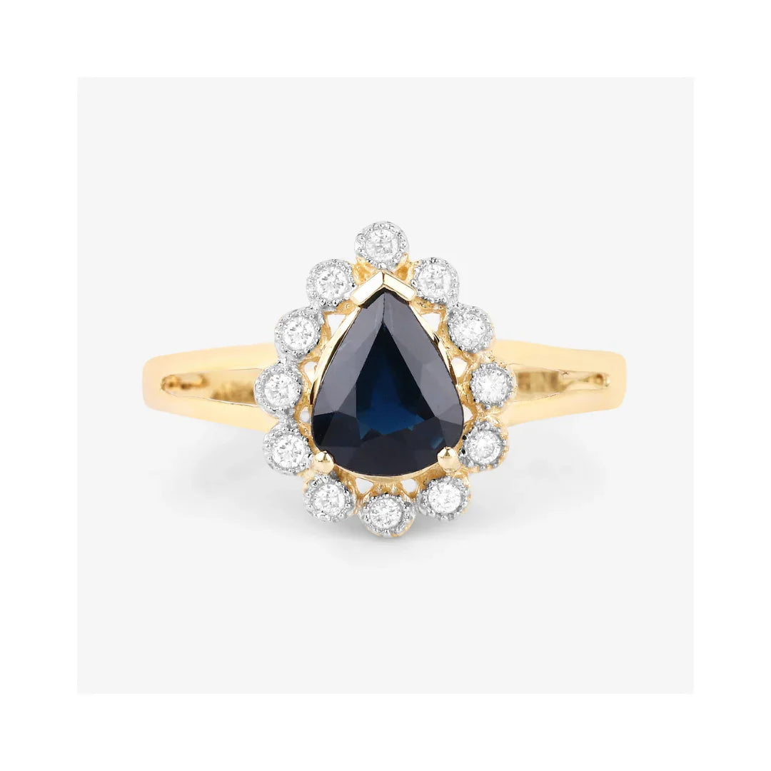 1.34 Ct Pear Blue Sapphire Diamond V-Prong 10k Gold Halo Statement Ring