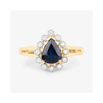 1.34 Ct Pear Blue Sapphire Diamond V-Prong 10k Gold Halo Statement Ring