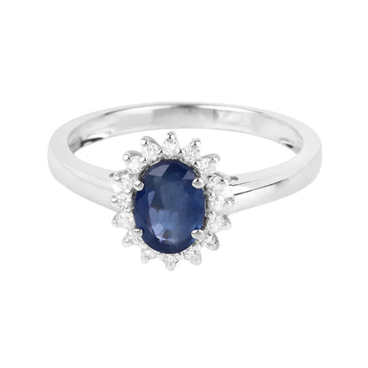 0.95 Ct Oval Blue Sapphire Diamond Prong 10k Gold Halo Ring