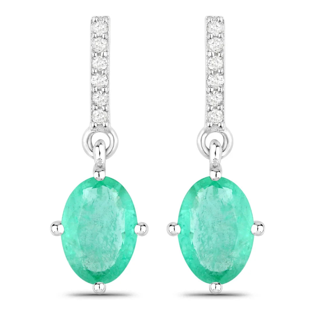 1.44 Ct Oval Green Zambian Emerald Diamond Prong 10K Gold Dangle Earrings