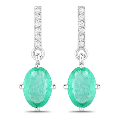 1.44 Ct Oval Green Zambian Emerald Diamond Prong 10K Gold Dangle Earrings