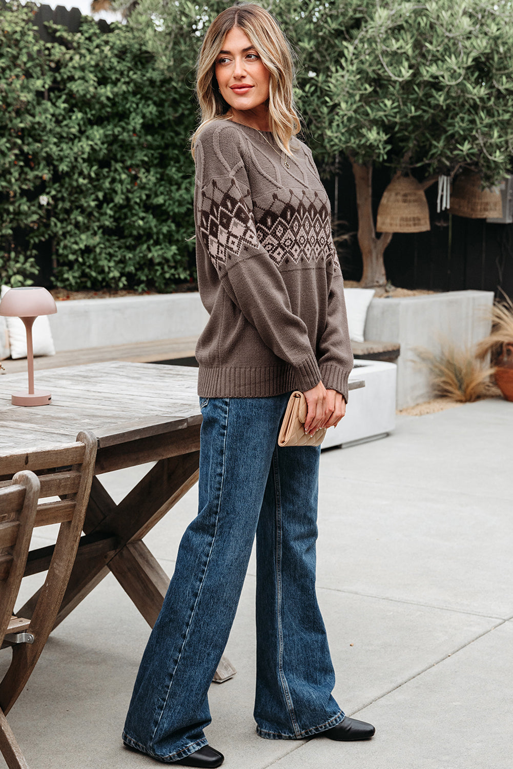 Threaded Pear Alana Western Geometric Patterned Crew Neck Knitted Sweater