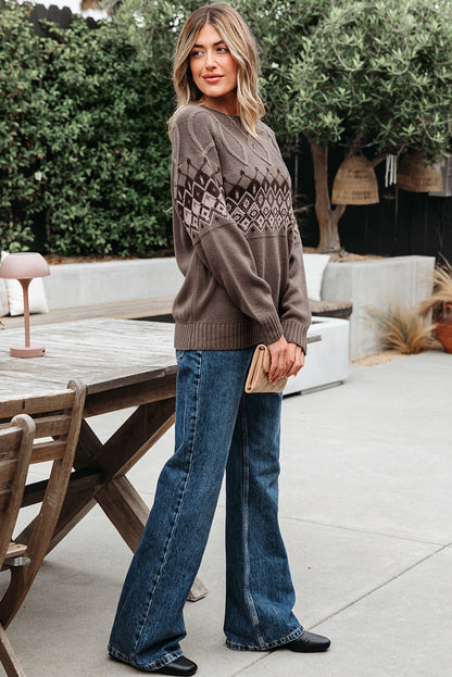 Threaded Pear Alana Western Geometric Patterned Crew Neck Knitted Sweater