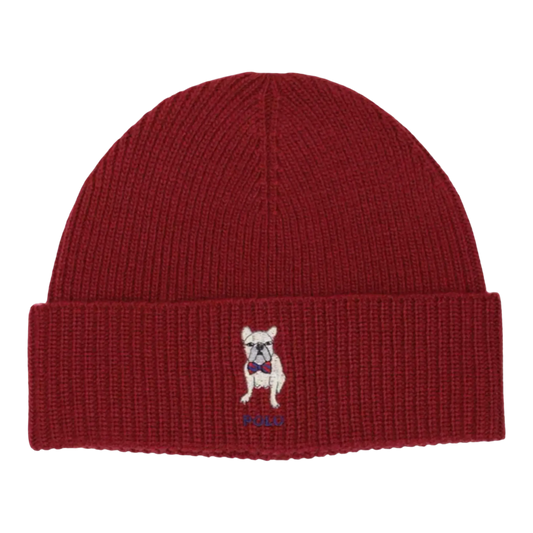 Polo Ralph Lauren Embroidered Frenchie Rib-Knit Women Beanie Holiday Red