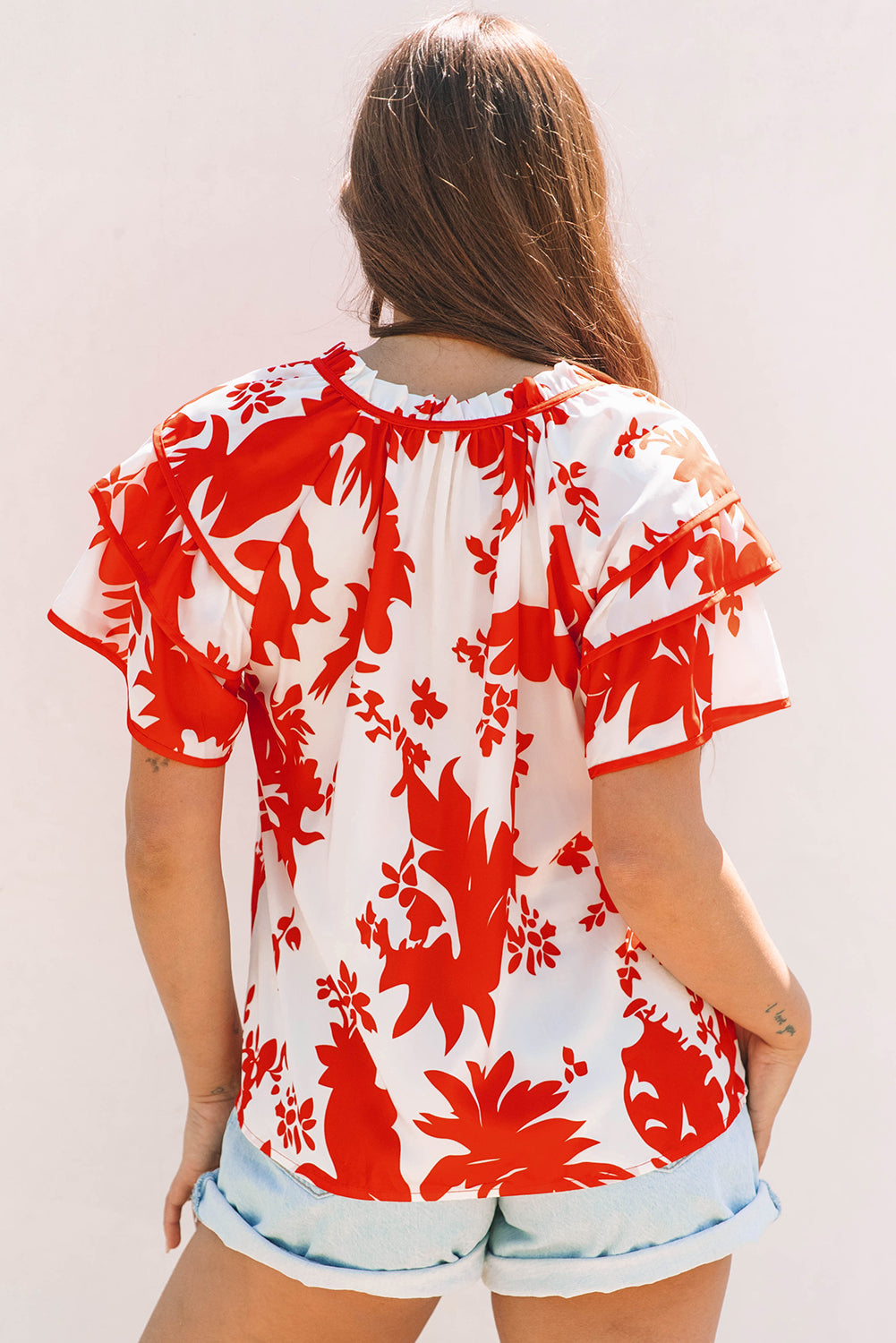 Threaded Pear Zoya Tiered Ruffled Sleeve V Neck Blouse