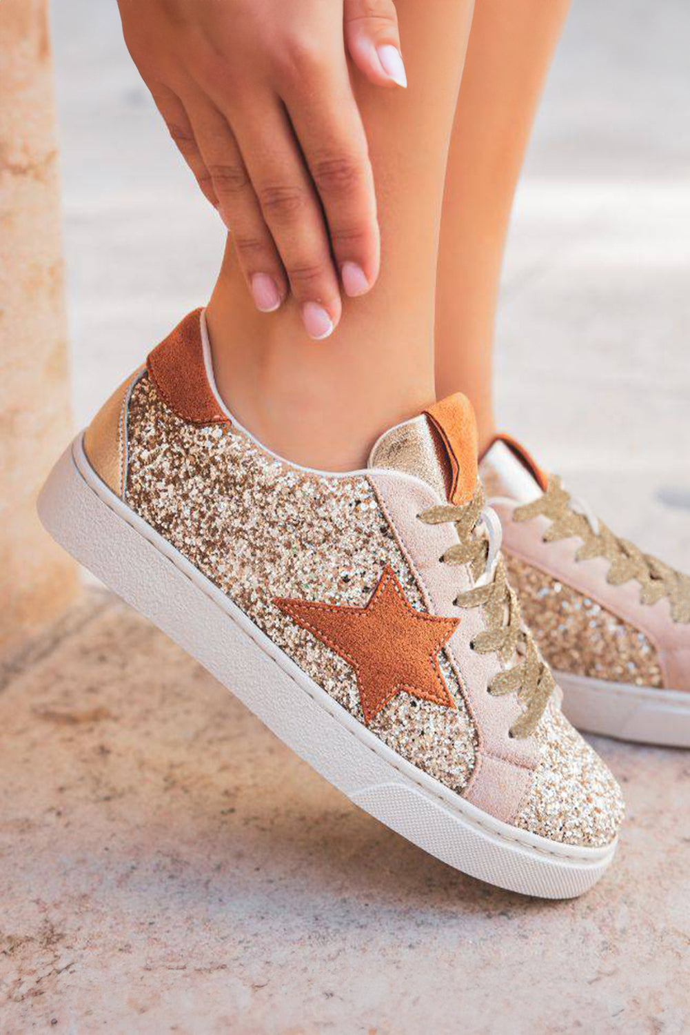 Threaded Pear Armani Sequined Lace Up Sneakers