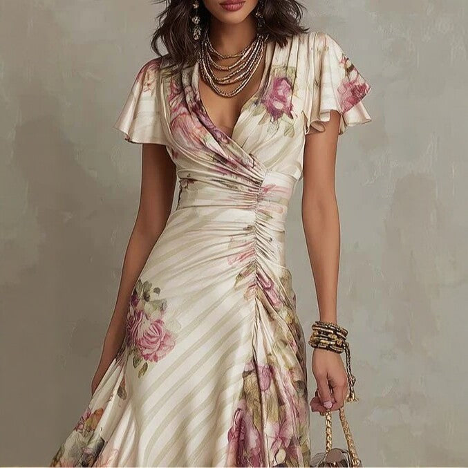 color block dress maxi Ruffled Hem Maxi Dress – V-Neck Satin A-Line Color Block Dress Ivory White / XXL