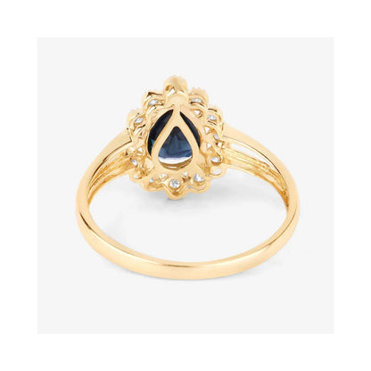 1.34 Ct Pear Blue Sapphire Diamond V-Prong 10k Gold Halo Statement Ring