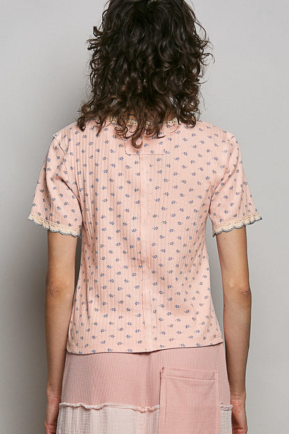POL Floral V-Neck Short Sleeve Rib T-Shirt in Pink
