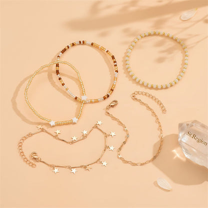 Multi-Colored Acrylic & Howlite Goldtone Beads Chain Star Tassel Anklet Set