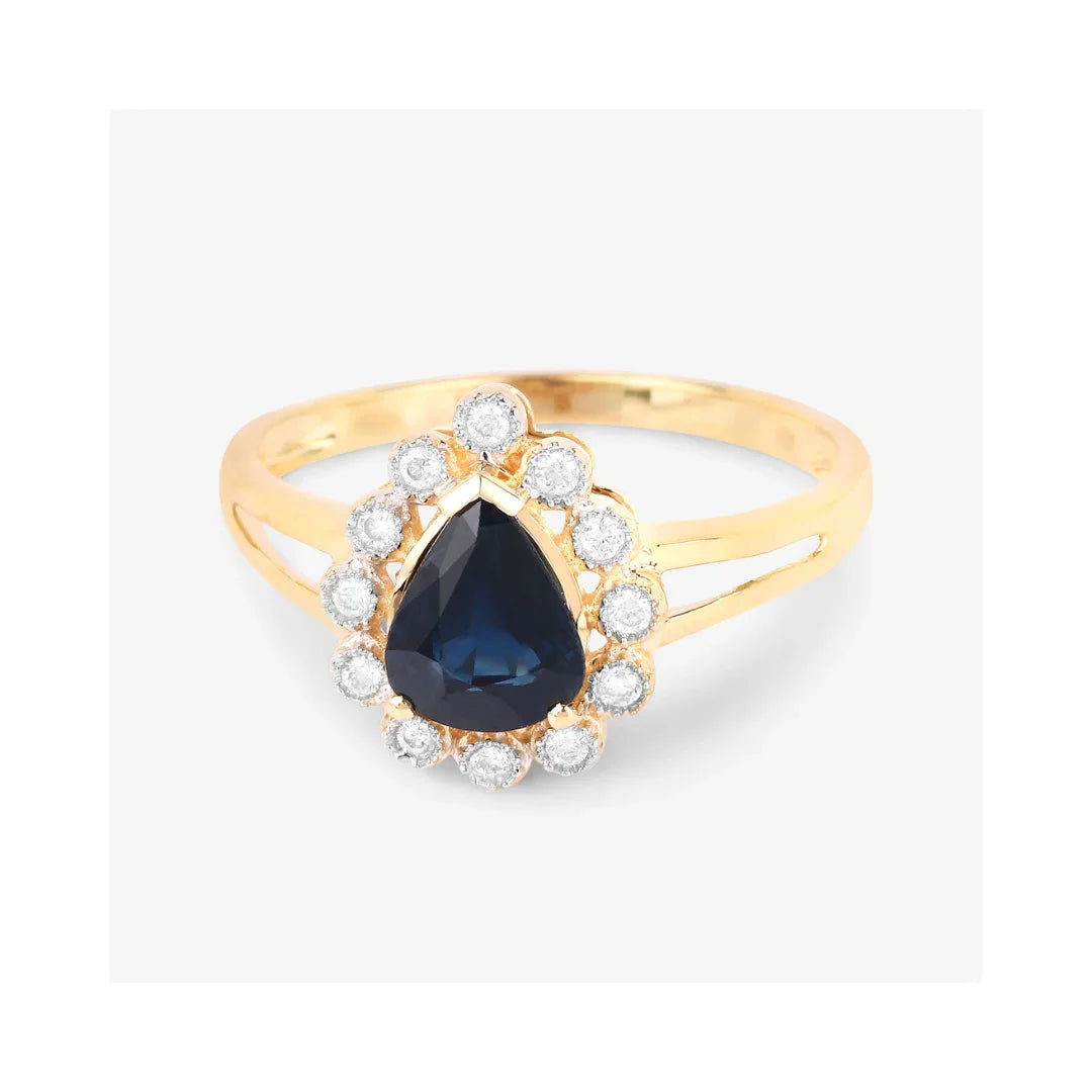 1.34 Ct Pear Blue Sapphire Diamond V-Prong 10k Gold Halo Statement Ring