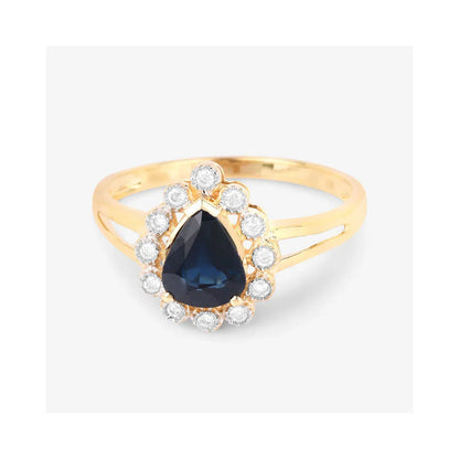 1.34 Ct Pear Blue Sapphire Diamond V-Prong 10k Gold Halo Statement Ring