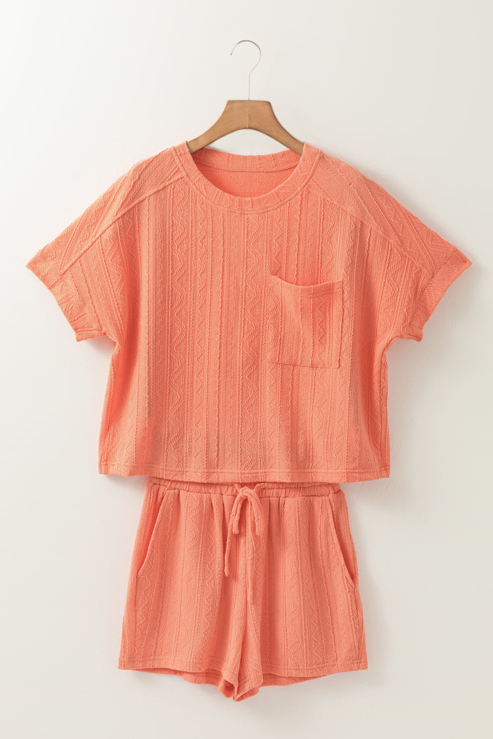 Threaded Pear Rylie Textured Patched Pocket Drawstring Shorts Set
