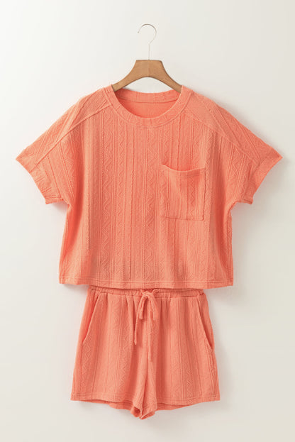 Threaded Pear Rylie Textured Patched Pocket Drawstring Shorts Set